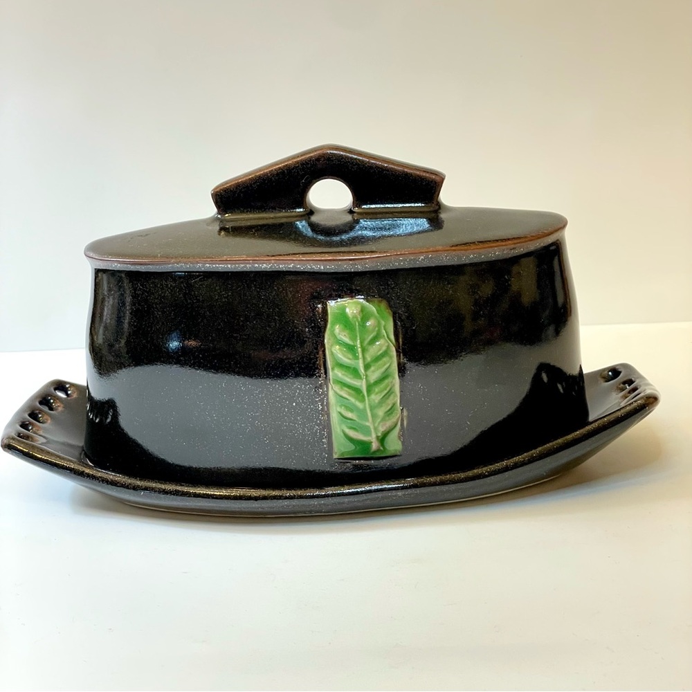 Handcrafted Ceramic Butter Dish Deep Black Glaze Green Leaf Signed